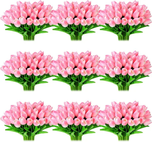 Vista 14 de Jexine 100 tulipanes artificiales reales, ramo de flores artificiales a granel con tallo para centros de mesa, bodas, novia, Pascua, día
