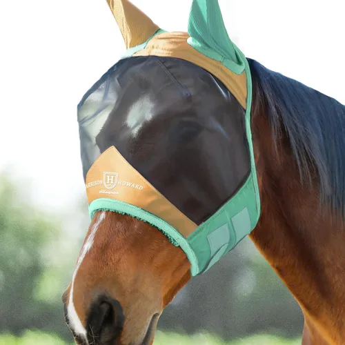 Vista 11 de Harrison Howard Máscara luminosa profesional para mosca de caballo, gran espacio para los ojos, media cara con orejas, protección UV, para caballo