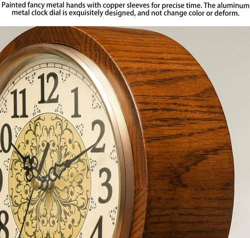Vista 3 de Reloj de mesa antiguo de madera de roble, reloj de estante decorativo con pilas, reloj de mesa de vidrio HD, fácil de leer