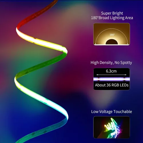 Vista 3 de Tira de luces LED de 20 pies COB Smart IC, luces LED RGB de 24V para dormitorio con control remoto RF, botón de aplicación inteligente