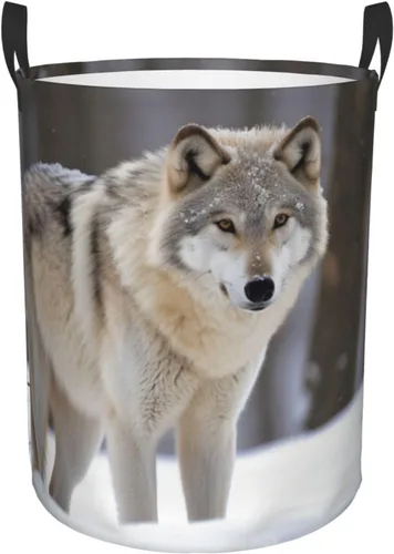 wolf in the snow print Circular Hamper Waterproof Storage Bin Organizer Basket Laundry Hamper With Handles For Clothes Toys Small