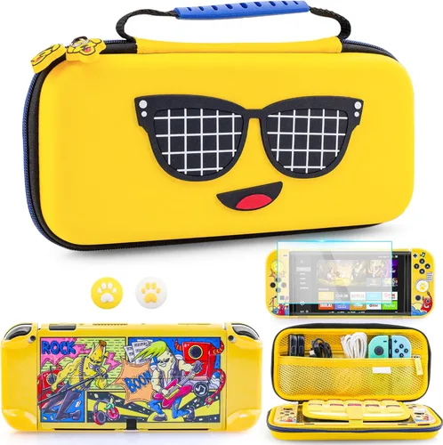 Vista 8 de RHOTALL 7 in 1 Yellow Carrying Case Set for Nintendo Switch ,Portable Traveler Accessories bundle Cover Storage Bag for Fortnite Peely,Hard Shell