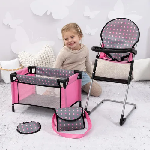 Vista 2 de Bayer Set de Trona/Cuna para Muñecas, Gris, Rosa con Puntos