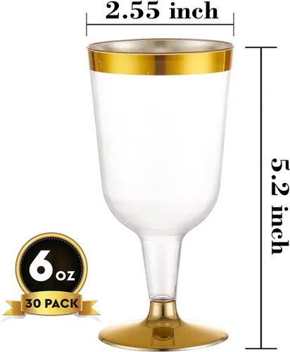 Vista 2 de N9R 30 copas de vino de plástico con borde dorado, copas de vino de plástico de 6 onzas con tallo, vasos de vino desechables reutilizables adecuados