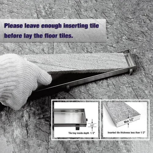 Vista 3 de Neodrain Drenaje de ducha lineal de 18 pulgadas con rejilla de inserción de azulejos, desagüe de suelo de ducha rectangular de acero inoxidable