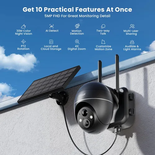 Vista 2 de ieGeek Cámara de reflector 2K, cámara de seguridad solar PTZ de 5 MP, cámara de luz de inundación con cable para exteriores con sensor