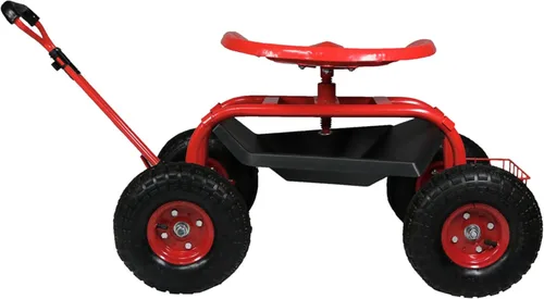 Vista 7 de Sunnydaze, carro de jardín rodante con volante extensible, taburete giratorio y canastilla., Sólido, Rojo