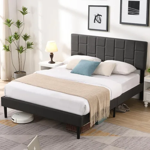 Vista 7 de Base de cama tamaño Queen con cabecero, base de cama tapizada con plataforma de lino con soporte de listones de madera, sin ruido, no necesita