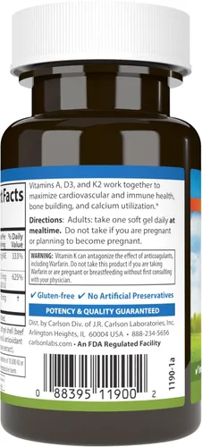 Vista 3 de Carlson - Vitaminas A, D3, K2, 3000 mcg RAE Vitamina A, 125 mcg de Vitamina D3, 90 mcg de Vitamina K2 como MK-7, Construcción de Huesos, Utilización