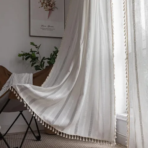 Vista 18 de 2 paneles de cortinas de lino semiopacas para ventana, bohemias y rústicas, con rayas bordadas y bolsillo para cortinero, para sala de estar