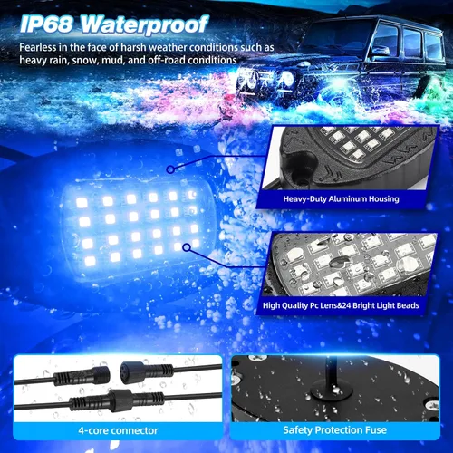 Vista 4 de 4 cápsulas de luces LED de aleación para ATV UTV Carro de golf Camión RZR SXS, kit de luz bajo multicolor RGB impermeable para autos con control