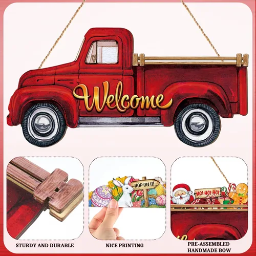 Vista 3 de Ferraycle 13 piezas intercambiables de bienvenida, decoración de camión rojo, decoración rústica de casa de campo con 12 letreros navideños