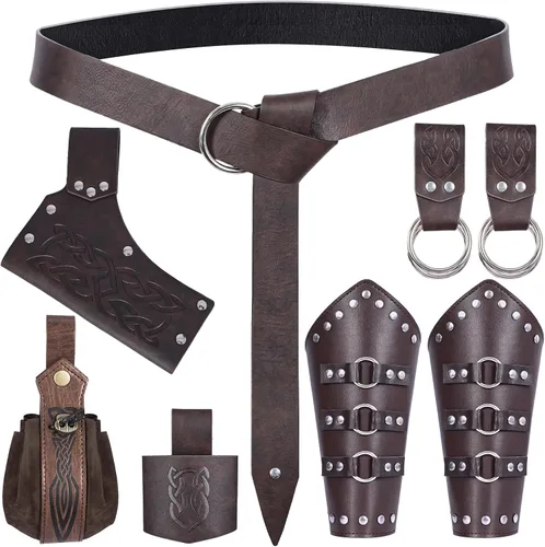 Vista 5 de Juego de cinturón de espada medieval renacentista, accesorios de disfraz de pirata con falda, senderismo, espada, rana, daga marrón (Brown-A)