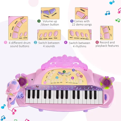 Vista 2 de Qaba Piano electrónico de juguete de princesa de 32 teclas para niños, piano educativo con taburete, MP3, grabación, luces intermitentes, micrófono
