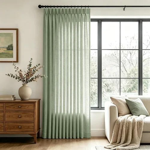 Vista 13 de Cortinas de lino de 63 pulgadas, juego de 2 paneles para sala de estar, beige natural, cortinas con pliegues pellizco entrenadas con memoria