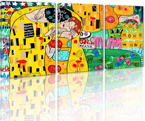 Vista 30 de Pintura de graffiti de árbol de la suerte sobre lienzo, 3 paneles, arte abstracto de árbol de deseos, póster impreso para sala de estar, dormitorio