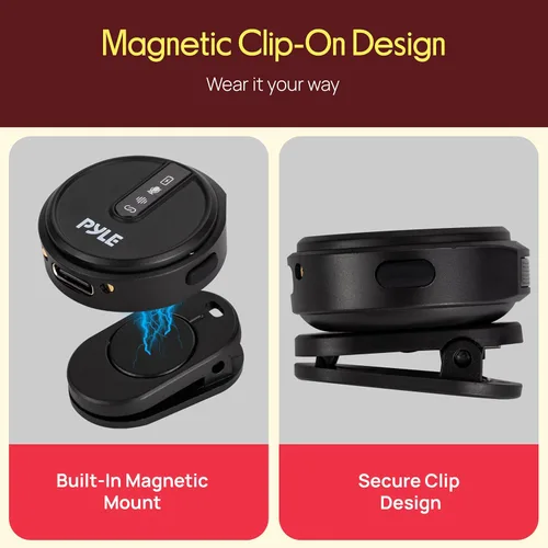 Vista 7 de Pyle Sistema de micrófono inalámbrico Lavalier Micrófono de clip con cancelación de ruido con soporte magnético, batería de 8 horas, funda