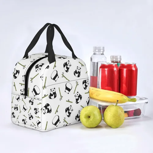 Vista 7 de Bolsa de almuerzo con diseño de oso panda y bambú para mujeres y hombres, con bonito estampado de panda, contenedor aislado con bolsillo frontal