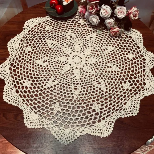 Vista 8 de Damanni Mantel de encaje hecho a mano de algodón hecho a mano, redondo, beige, 12 pulgadas