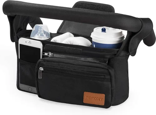 Momcozy - Organizador universal para cochecito con portavasos aislado, bolsa para teléfono desmontable y correa para el hombro, se adapta a