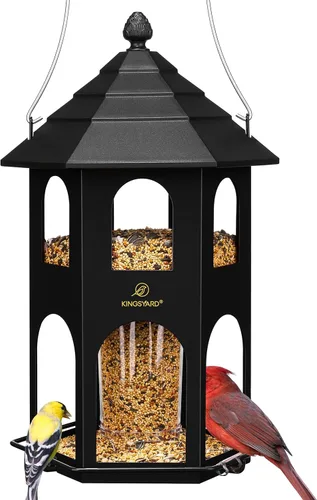 Vista 8 de Comedero de metal para pájaros al aire libre de Kingsyard, comederos para pájaros silvestres con posadera circular, fácil de limpiar y rellenar