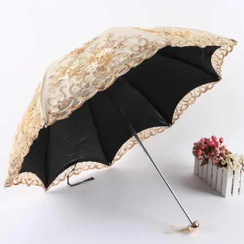 Vista 4 de Honeystore Sombrilla bordada con flor 3D plegable UV con encaje clásico