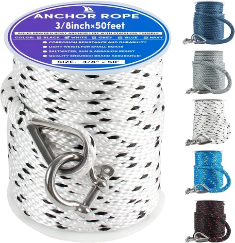 Vista 42 de Cuerda de anclaje prémium de 100 pies x 3/8 pulgadas, cuerda de anclaje MFP maciza con dedal y grillete, color naranja/amarillo