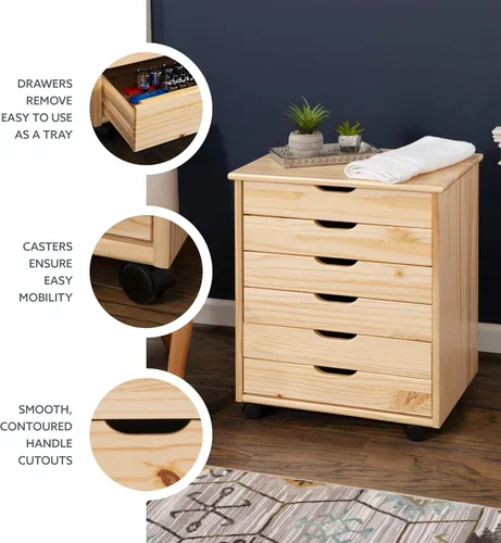 Vista 9 de Linon - Productos de decoración para el hogar Corinne, carro rodante ancho de seis cajones, natural