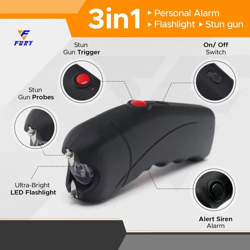 Vista 4 de FURY Cyclone pistola paralizante con linterna, alarma personal, empuñadura cómoda, recargable, carga de pared, estuche de cuero sintético, fácil