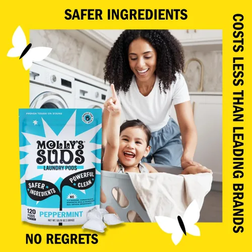 Vista 3 de Molly's Suds Cápsulas de detergente para ropa Detergente limpio para pieles sensibles Ultra concentrado y combate las manchas Menta - 120