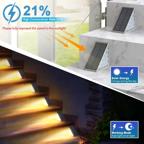 Vista 3 de AUDLES Luces LED Solares para Escalones Impermeables Luces de Escalera para Exteriores, Luz Solar de Cubierta Blanca Cálida IP67 Luces de Decoración