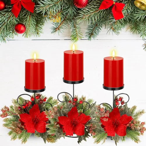 Yunlly Juego de 3 portavelas de Navidad con 3 velas LED que funcionan con pilas, flor de pascua artificial de Navidad para decoración de mesa de