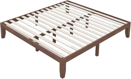 Vista 32 de COSTWAY Marco de cama de plataforma tamaño King, base de colchón de madera de goma maciza de 14 pulgadas con soporte de listones resistentes, marco