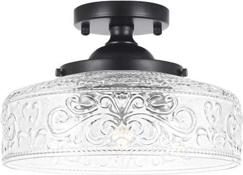 Vista 18 de Lámpara de techo semiempotrada dorada, lámpara de techo de latón antiguo con vidrio, lámpara de interior cerca del techo, accesorios de luz