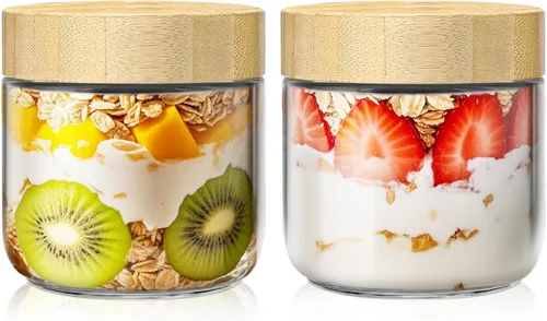 Vista 15 de Paquete de 4 recipientes para avena nocturna de 10 onzas con tapas de bambú, frascos de vidrio con tapas herméticas para preparación de comidas