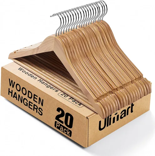 Vista 9 de Paquete de 30 perchas de madera, percha para ropa de uso diario, percha para abrigos en el armario, perchas de madera resistentes para trajes, Nogal