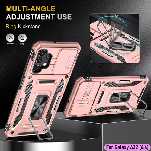 Vista 6 de Funda resistente para Samsung Galaxy A32 (4G), protector híbrido de goma de doble capa de grado militar con protector de cámara deslizante, soporte