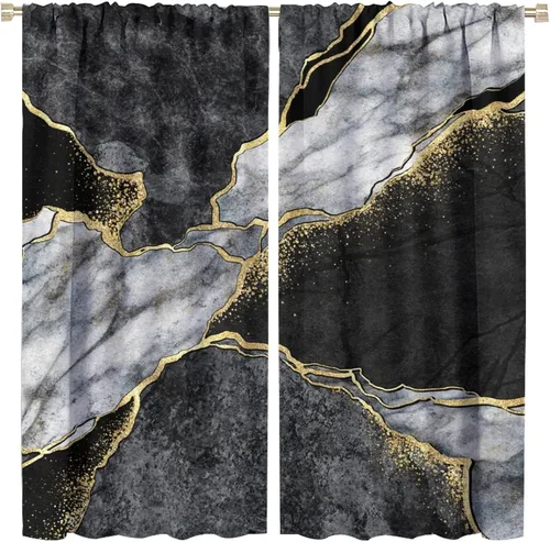 Vista 37 de Cortinas abstractas de mármol de lujo de lujo azul marino dorado a rayas con patrón de mármol estampado para dormitorio, sala de estar, cortinas