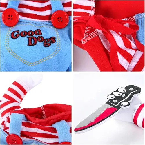 Vista 5 de Disfraz de Halloween para Perro, Divertido Disfraz de Chucky para Perro con Peluca para Mascotas, Disfraz de Cosplay Aterrador con Ropa de Cuchillo
