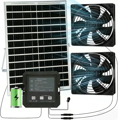 Ventilador solar de 25 W para gallinero con batería y batería de 2000 mAh, 3 modos inteligentes, ventiladores dobles de 4.7 pulgadas, ventilador