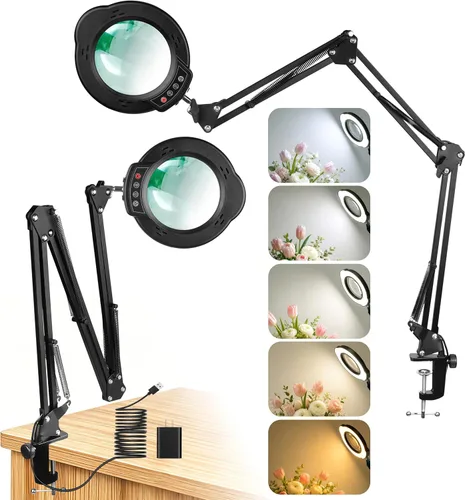 Lupa 15X con luz, soporte y abrazadera, lámpara LED de aumento ultra larga de 3 secciones, regulable con 5 modos de color, lámpara de escritorio