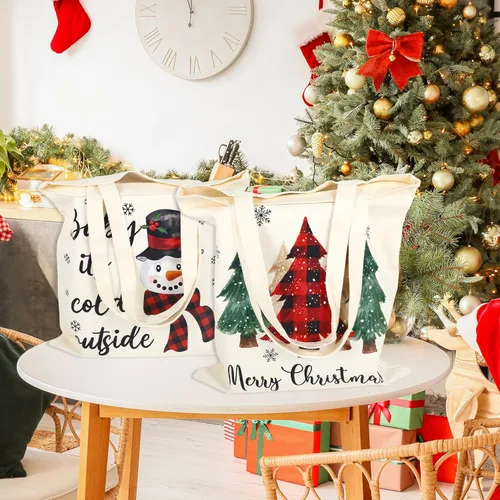 Vista 5 de Whaline 3 bolsas de lona de Navidad a cuadros, árbol de Navidad, camión, muñeco de nieve, bolsa de compras de Navidad para invierno, reutilizable