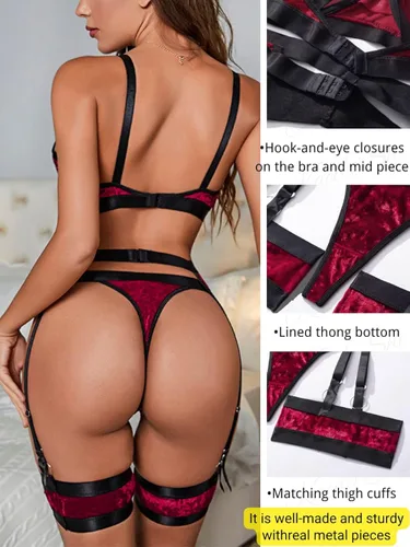 Vista 3 de Garter - Lencería con liguero para mujer, sexy, de encaje y traslúcida, a juego, de 4 piezas