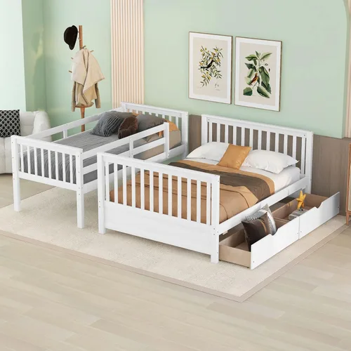 Vista 125 de Harper & Bright Designs Litera de tamaño matrimonial sobre matrimonial con 3 cajones, litera de madera maciza con almacenamiento y riel de Gris