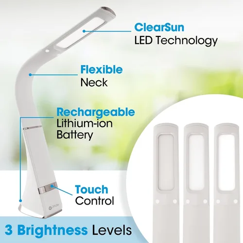 Vista 2 de OttLite Lámpara de escritorio LED recargable con tecnología ClearSun LED - Portátil, regulable y cuello de cisne flexible - Lámpara de tarea apta
