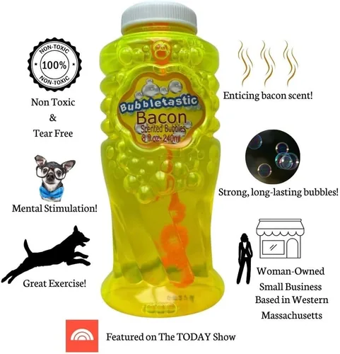 Vista 4 de Bubbletastic Bubbles for Dogs - 8oz Bottle of Bacon Bubble Solution - 100% Non Toxic, Tear Free, USA