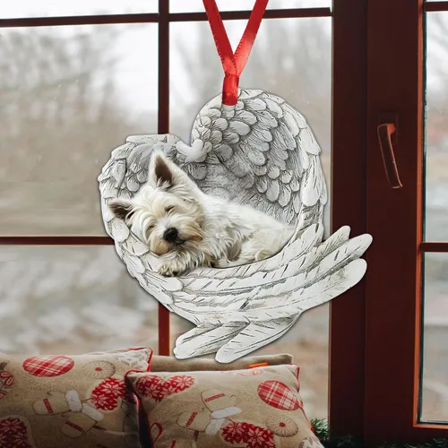 Vista 4 de Talataca West Highland Terrier Sleeping Angel Wing Memorial Dog 2D Flat Car Espejo Retrovisor Accesorios Árbol de Navidad Decoración Colgante