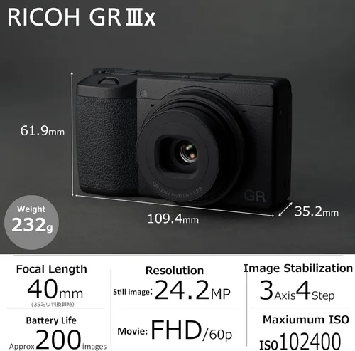 Vista 2 de Ricoh GR IIIx, Negro, Cámara digital compacta con sensor CMOS de tamaño APS-C de 24MP, lente GR de 40mmF2.8 (en formato de 35mm)