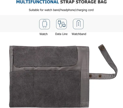 Vista 3 de Watch Band Storage Bag and Watch Organizer Pouch, Gray Nylon Portable Travel Case for Smartwatch Accessories, Space-saving Roll with Snap Closure