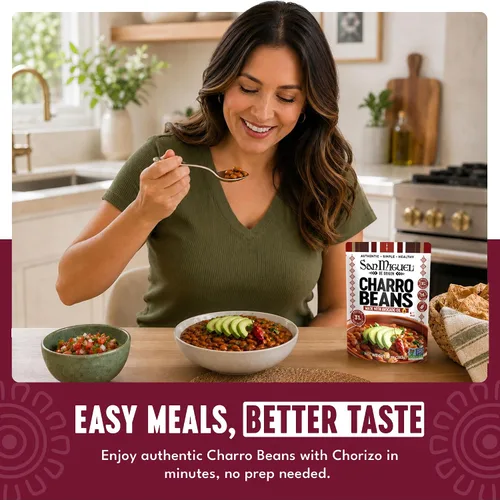 Vista 9 de Frijoles Charro para microondas San Miguel con chorizo, 1.09 oz de proteína